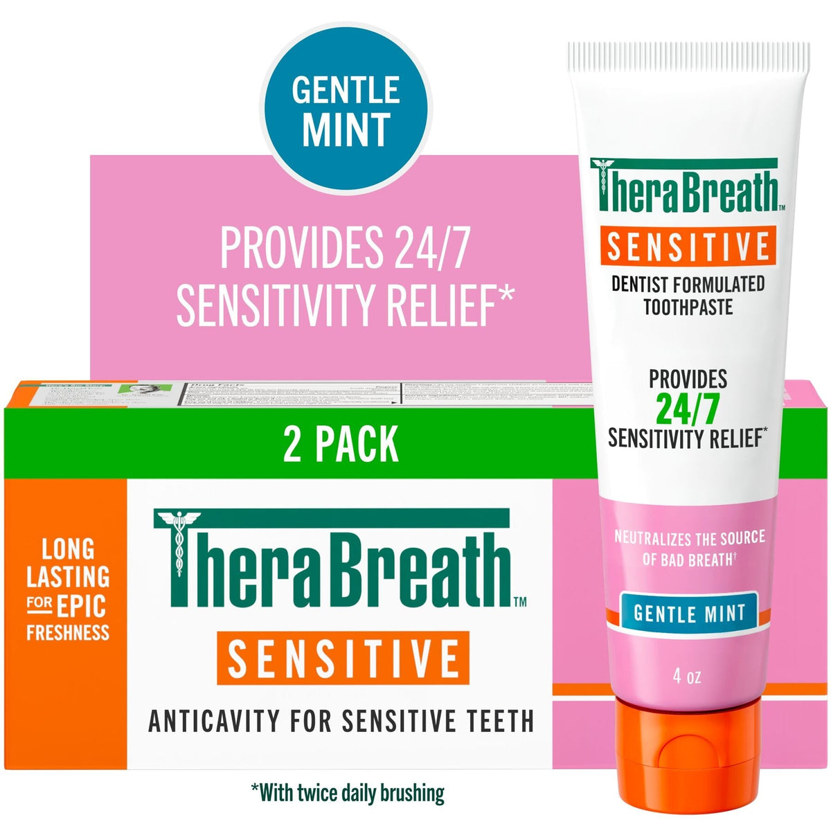 TheraBreath Sensitive Toothpaste, 24/7 Sensitivity Relief (1), With Fluoride for Anticavity Protection, Gentle Mint, 4 Oz (0ID6)